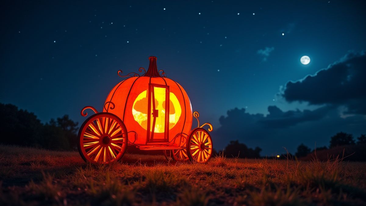 Pumpkin carriage illuminated under a starry sky.